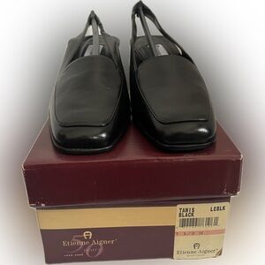 Vintage 90’s Etienne Aigner Women Leather Black Sling backs square toe sz 7